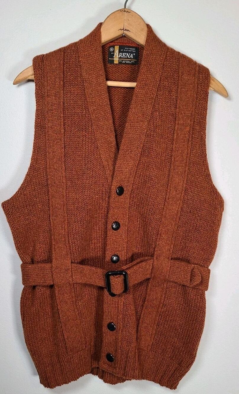 Vintage 70's Wool/Mohair Knit Button Down Sweater Vest Belt Grandpa Small Mens